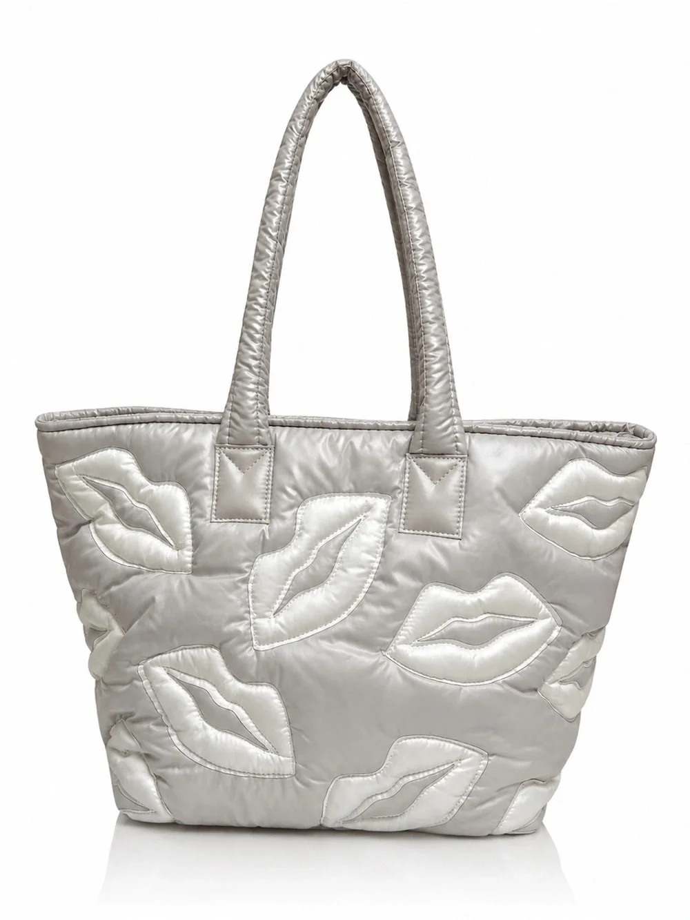 Wildfox Puffy Lips Quilted Tote Silver White NWT Zip Top Carryall